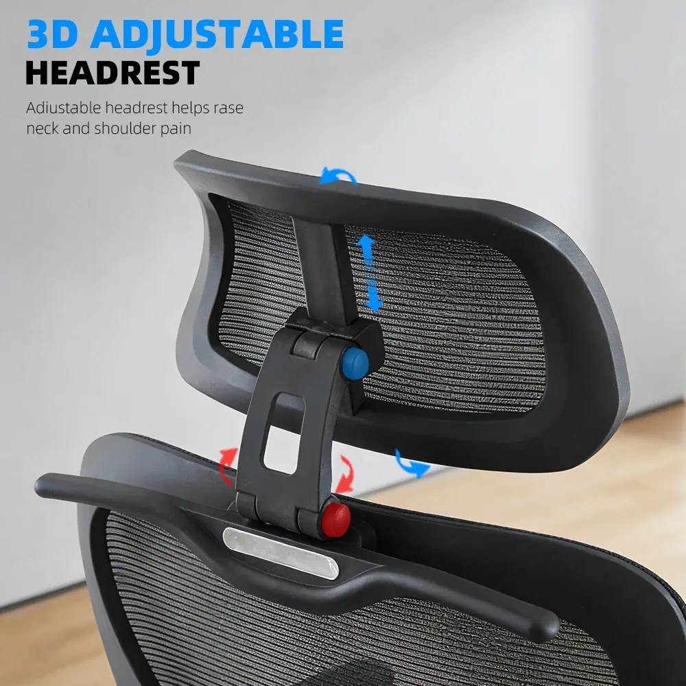 Scaun ergonomic, Suport Lombar 3 Zone Dinamice, Spătar ajustabil pe inaltime, cotiere 3D, tetiera 3D, suport pentru picioare, umeras, pivotant, Mesh, Negru