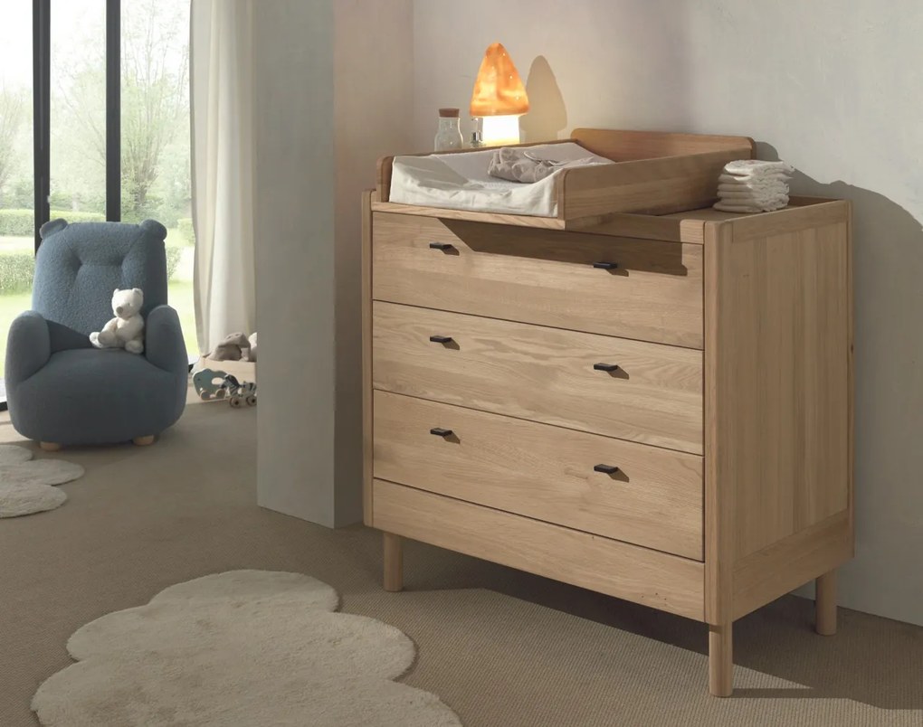 Set Complet Mobilier Cameră Bebelus Forrest Oak, din Lemn Masiv de Stejar, Natur: Pătuț Convertibil (70x140 cm), Comodă cu 3 Sertare, Suport de