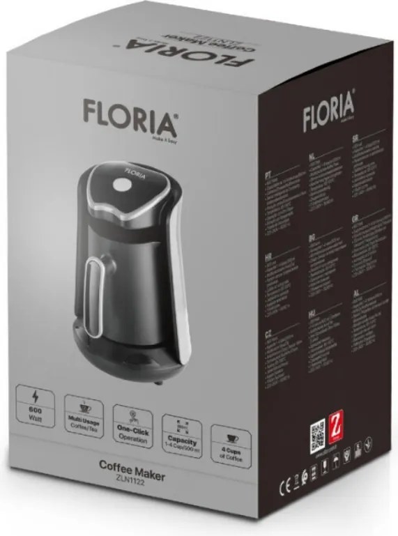 Cafetiera electrica Floria ZLN1122, 600 W, 500 ml, 65-100 °C, Cafea turceasca/ceai, senzor Anti-revarsare, Filtrare prin picurare, Negru