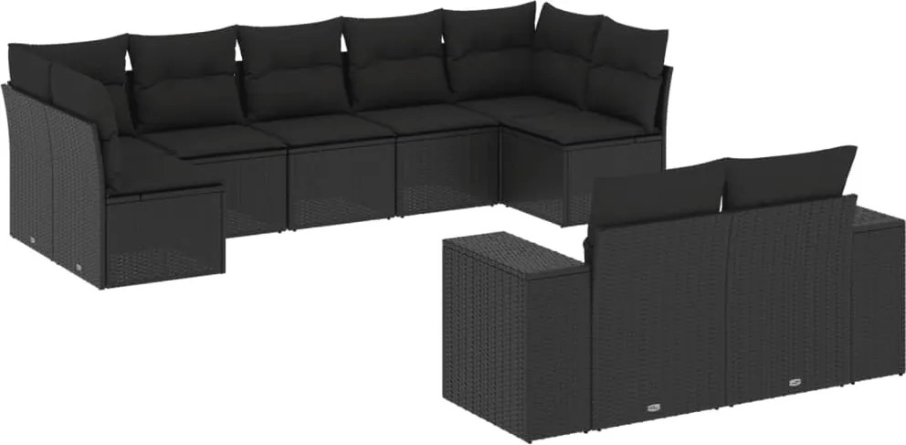 vidaXL Set mobilier de grădină cu perne, 9 piese, negru, poliratan