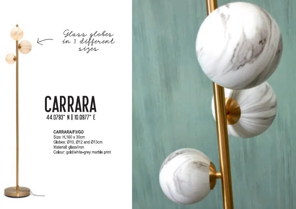 Lampadar cu 3 globuri din sticla cu aspect de marmura Carrara