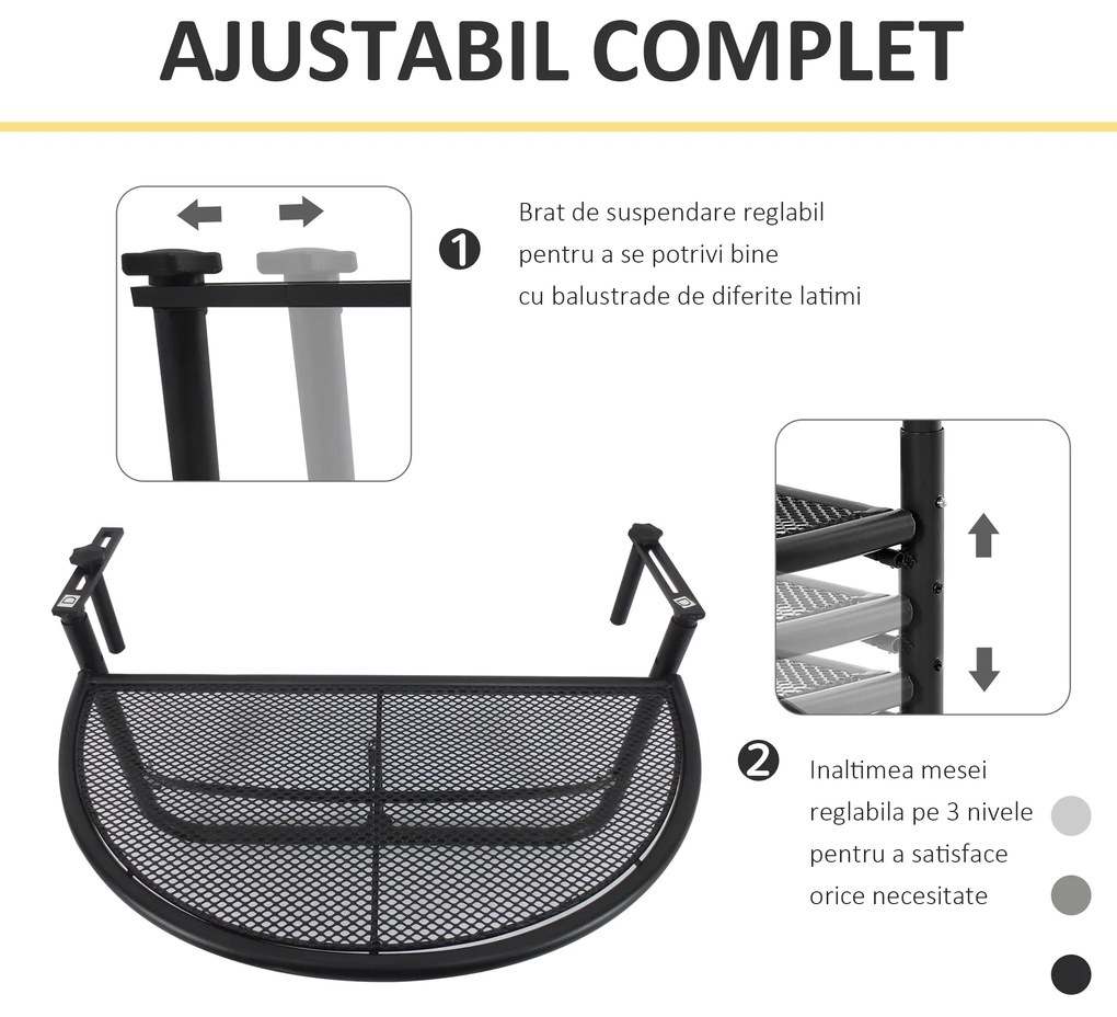 Outsunny Masă Suspendată pentru Balcon, Reglabilă în Înălțime, Design Spațiu-Eficient, Fier, Negru, 60x45x50 cm | Aosom Romania