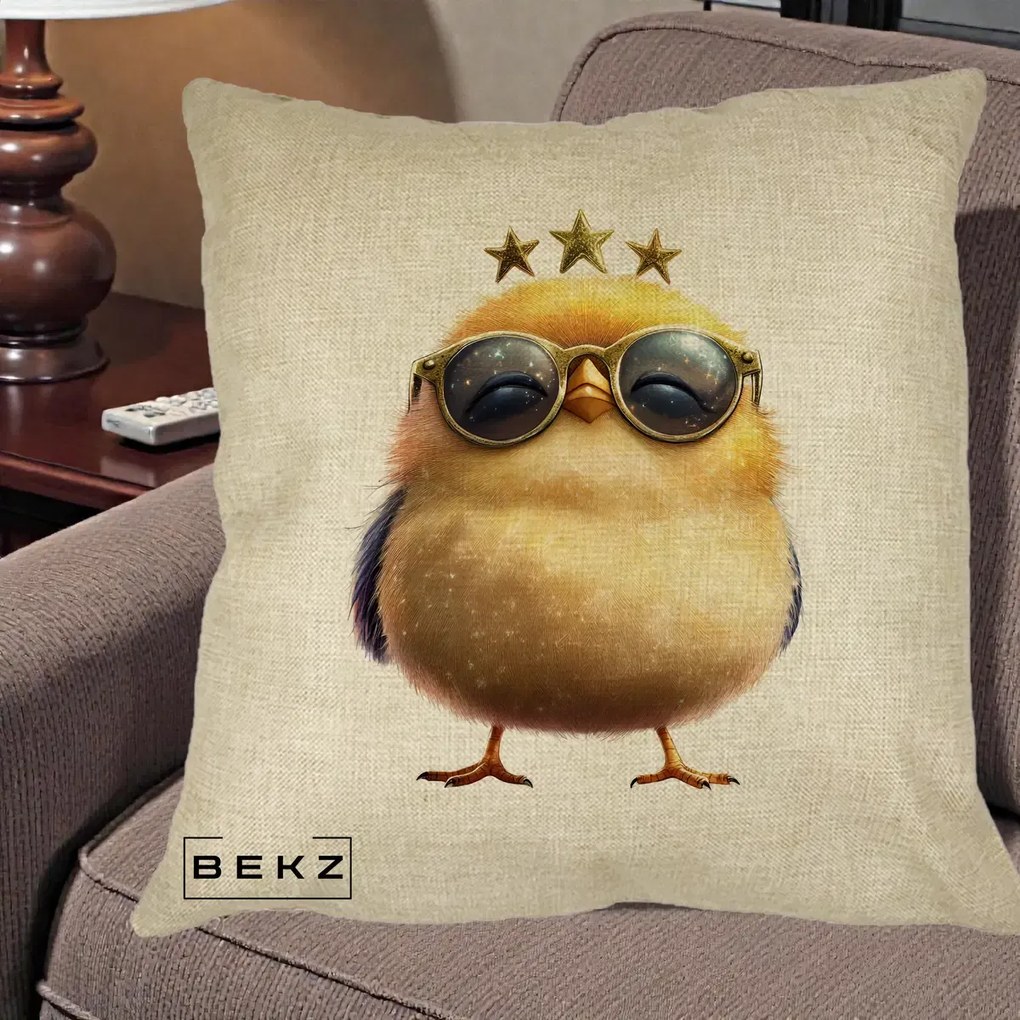 Perna Decorativa Pui Gold Star cu Ochelari Aurii, 40x40 cm, Crem, Husa Detasabila, Perna Inclusa, BEKZ®