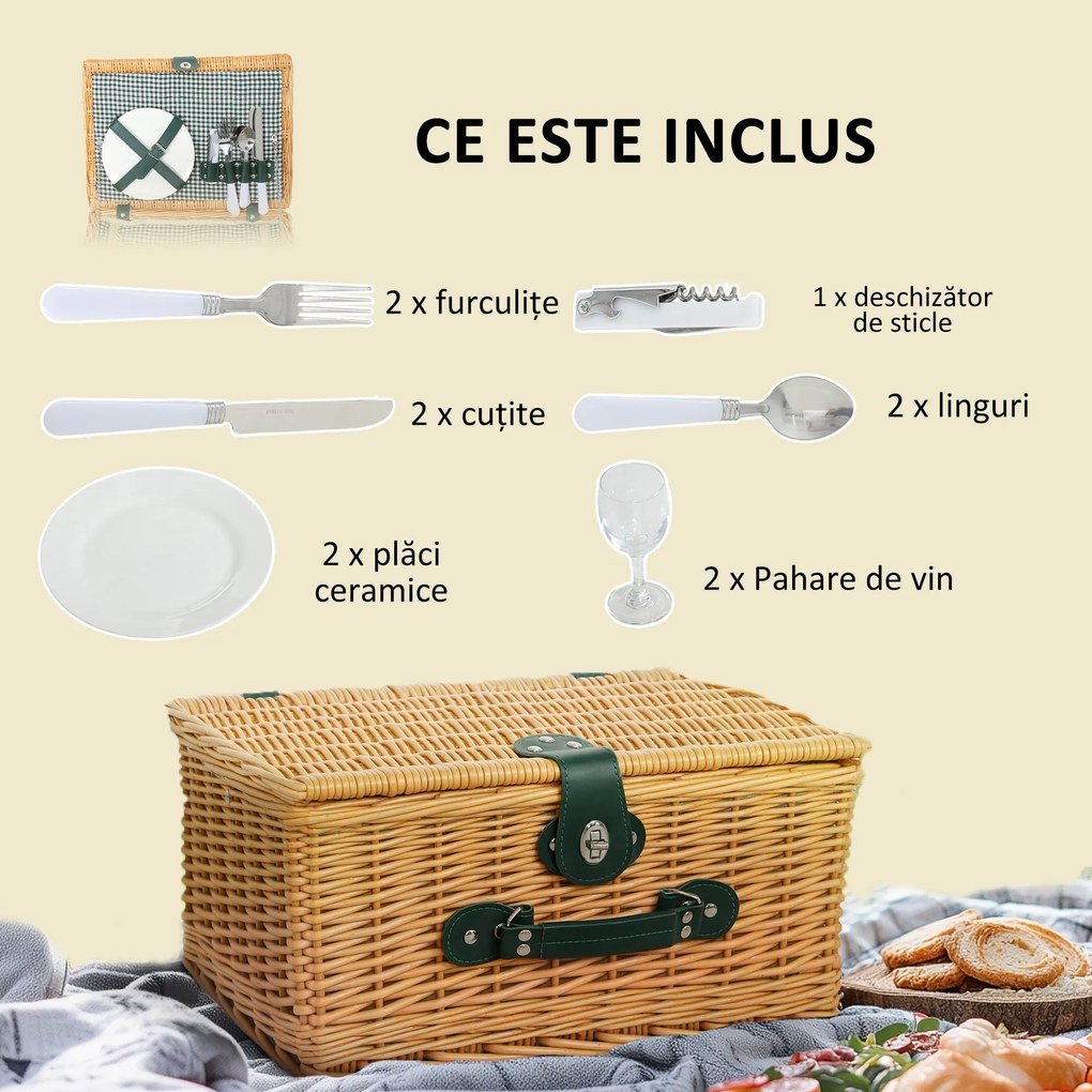 Outsunny Coș de Picnic din Răchită pentru 2 Persoane cu Zonă Frigorifică și Veselă, 40x30x20 cm, Maro Deschis | Aosom Romania