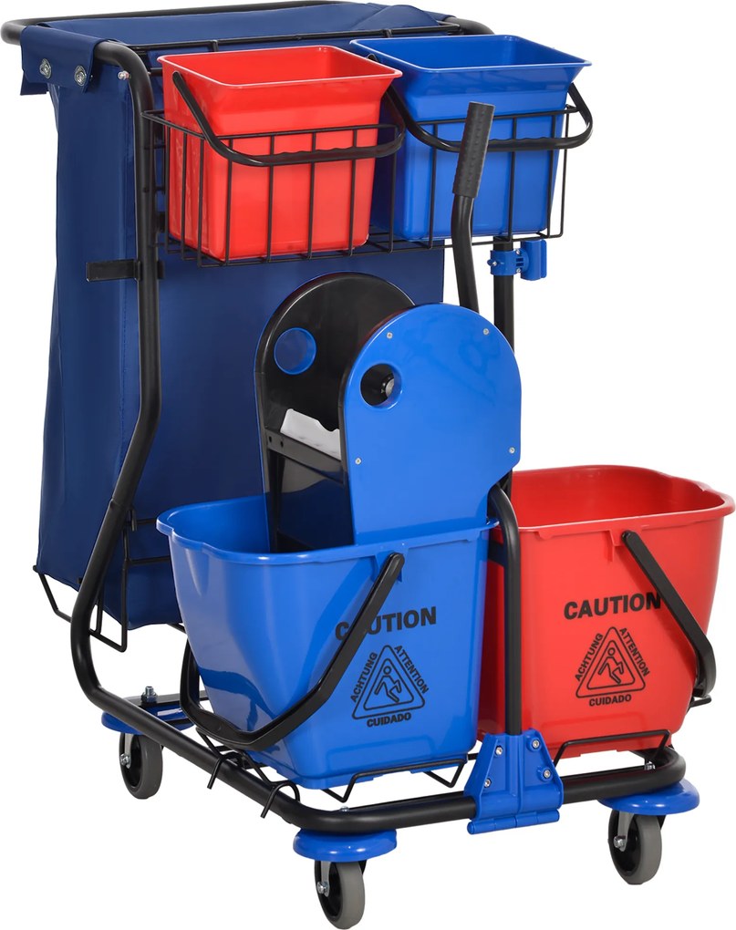 HOMCOM Cărucior pentru Curățenie cu Sac pentru Gunoi, 2 Găleți de 18L, 2 Găleți de 6L și Storcător, 93x80x97 cm, Roșu | Aosom Romania