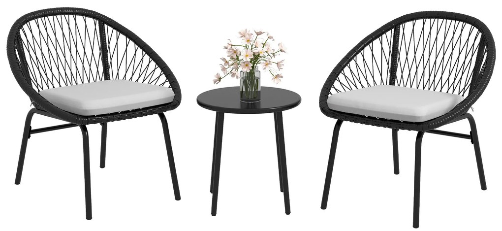 Outsunny Set Bistro pentru Terasa din 3 Piese, Set cu Perne Moi pentru Sezut, Set de Mobilier din Rachita, Negru | Aosom Romania