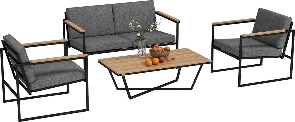 Outsunny Set mobilier de grădină pentru 4 persoane, rezistent la intemperii, set mobilier balcon cu sofă 2 locuri, 2 scaune, perne, măsuță laterală Gri | Aosom Romania