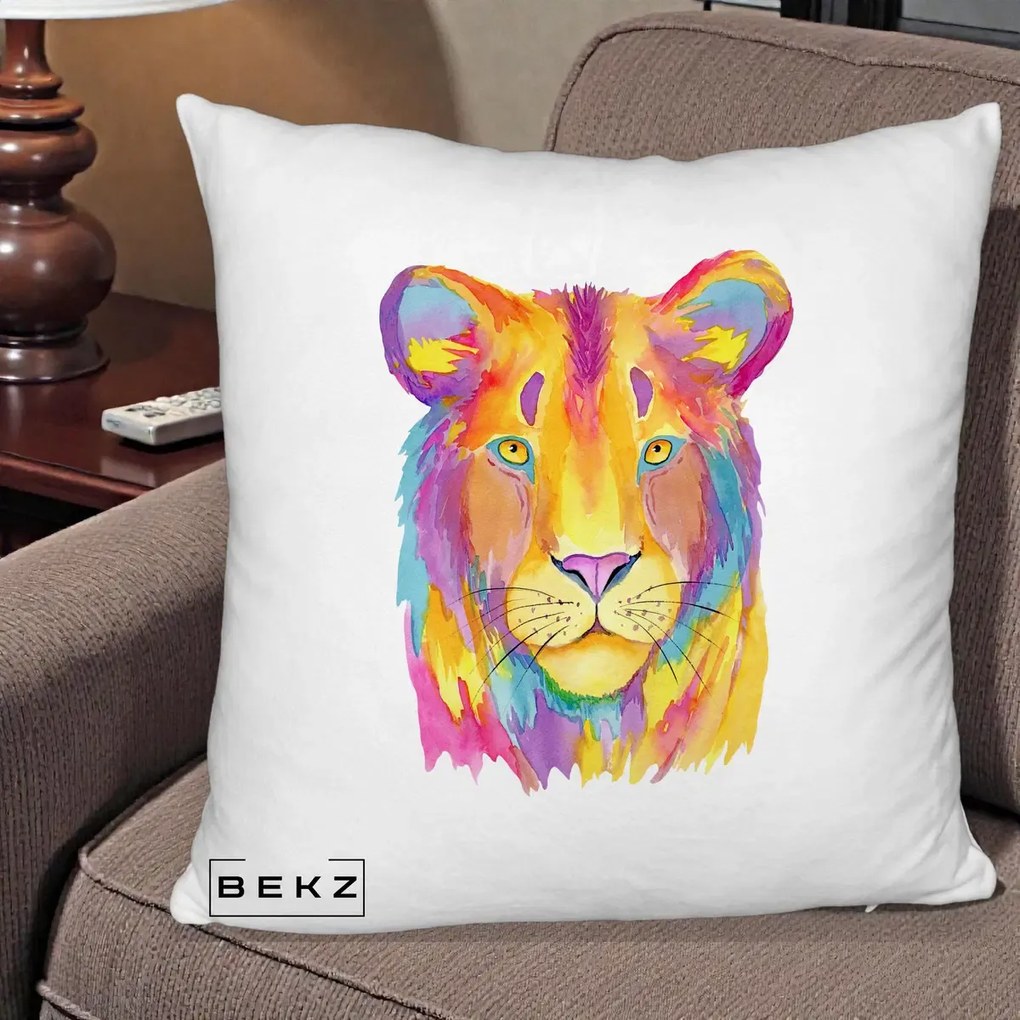 Perna Decorativa Leu Acuarela Curcubeu, 40x40 cm, Alb Pufos, Husa Detasabila, Perna Inclusa, BEKZ®