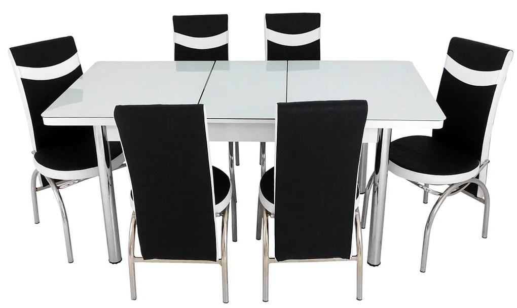 Set masă extensibilă Albă cu 6 scaune negru alb