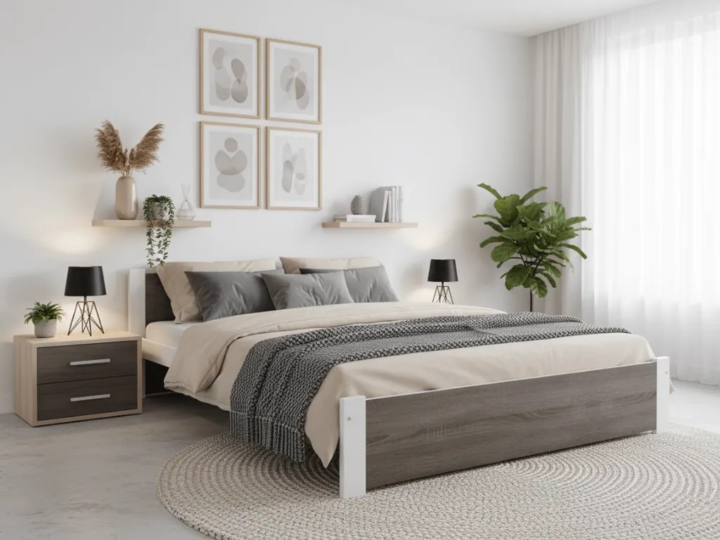 Pat dublu Culoare alb/stejar trufa, IKAROS 180 x 200 cm Saltele: Cu saltele Deluxe 10 cm, Somiera pat: Cu lamele drepte