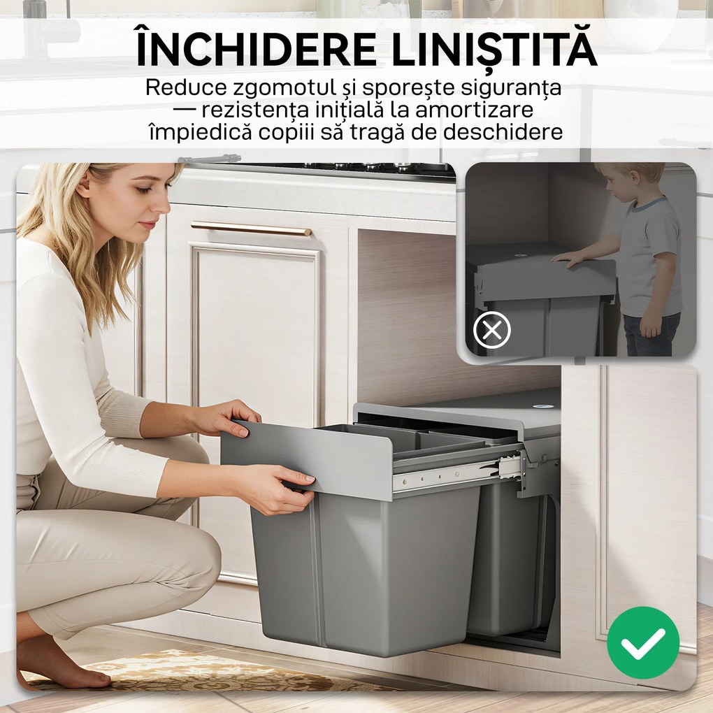 HOMCOM Cos de Gunoi Extractibil Sub Chiuveta 31L, 3 Recipiente Detasabile, 48x34,3x35,1 cm, Gri Deschis | Aosom Romania