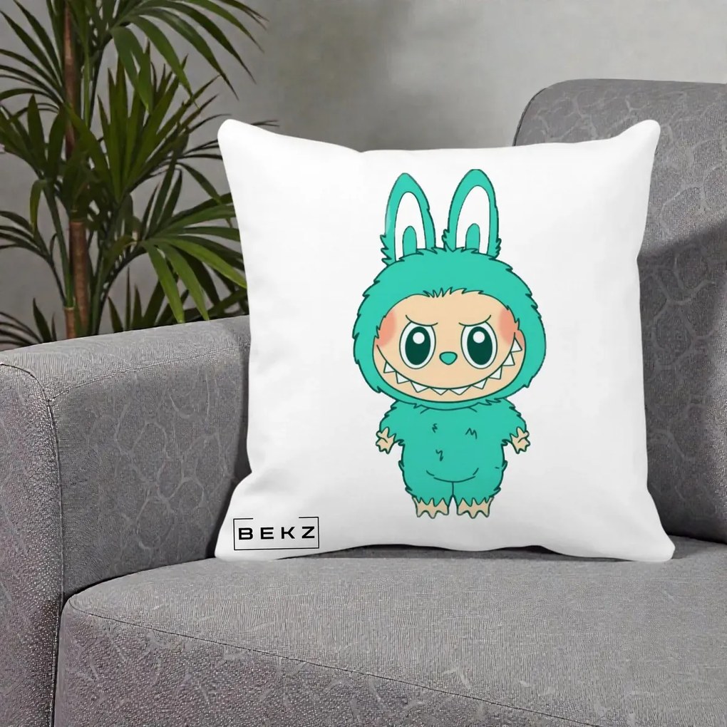 Perna Personalizata Labubu Turcoaz, 40x40 cm, Alba Mata, Husa Detasabila, Perna Inclusa, BEKZ®