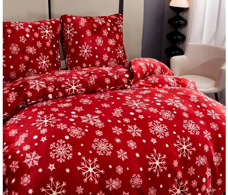 Set 2 buc Lenjerie cocolino SNOWFALL rosu + Cearsaf Cocolino microplus cu elastic SOFT 180x200 cm alb, pat dublu