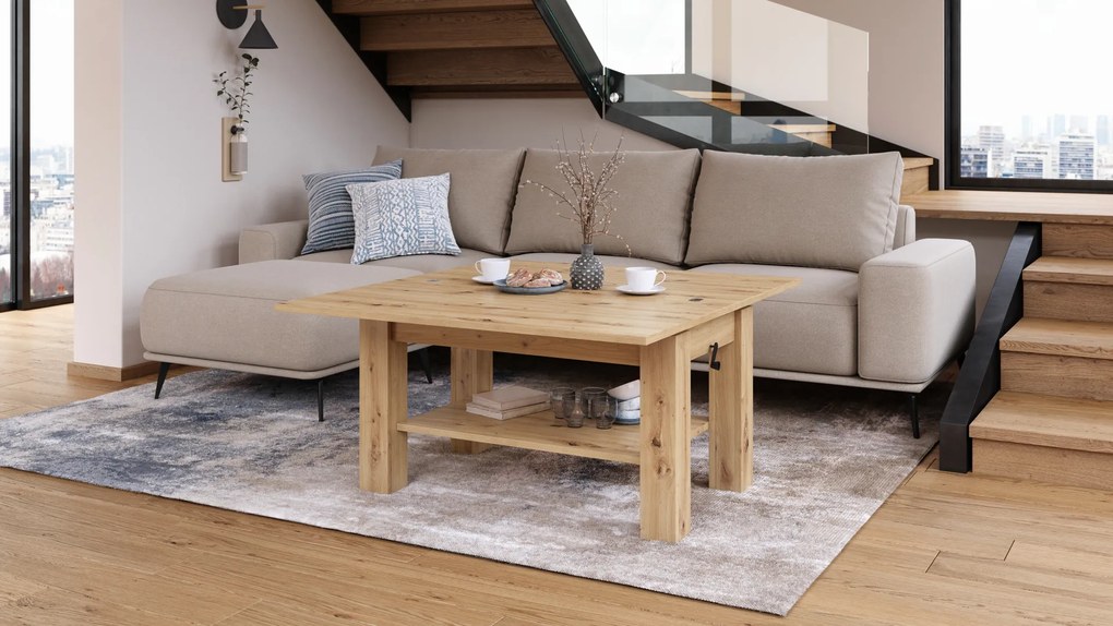 Mazzoni BRAWO Stejar Artisan - MĂSUȚĂ DE CAFEA CU BLAT EXTENSIBIL ȘI RIDICABIL MASĂ CU RAFT