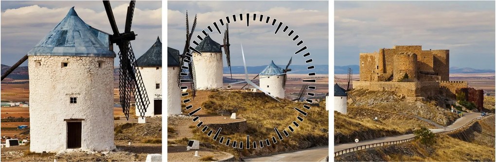 Tablou - Morile de vânt din Consuegra, Spania (cu ceas) (90x30 cm)