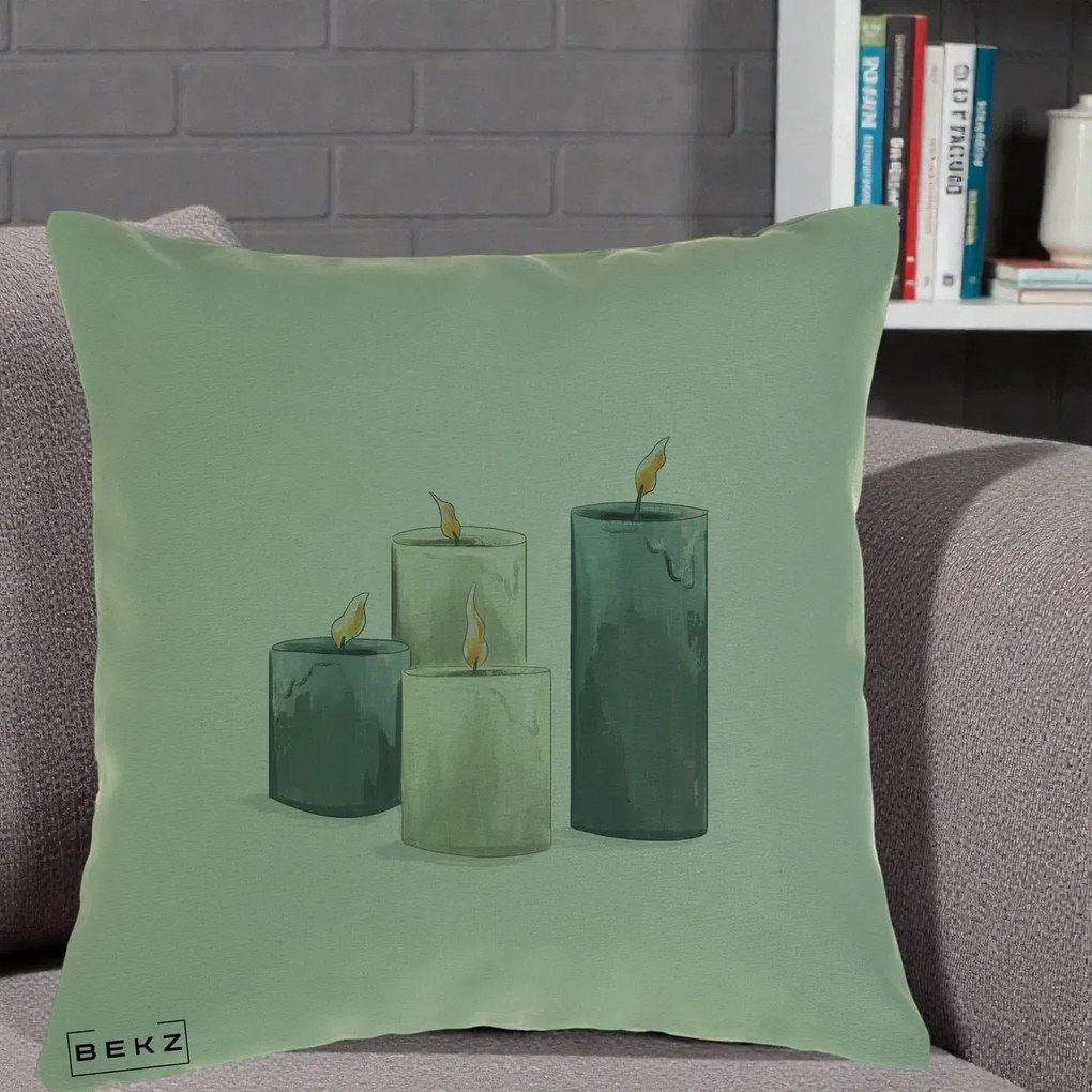 Perna Decorativa Lumanari Hygge Alb-Verde, 40x40 cm, Verde, Husa Detasabila, Perna Inclusa, BEKZ®