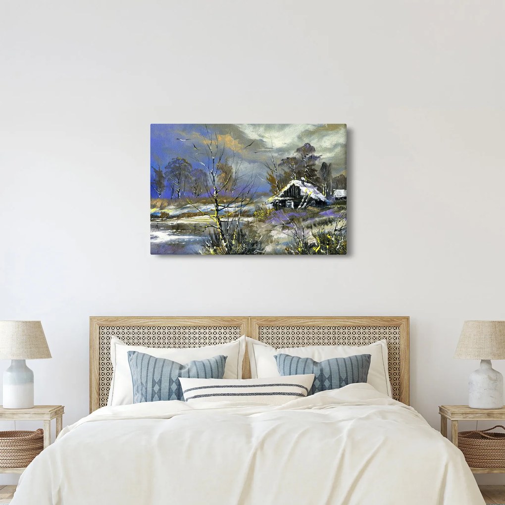 Tablou -Cabane într-un peisaj de iarnă, pictură în ulei (90x60 cm)