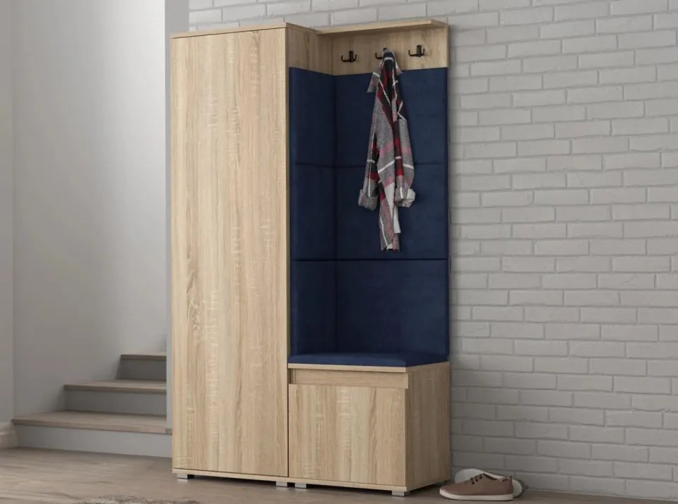 CUI515 - Cuier 104x37x177 cm - 3 agatatori haine, hol, pantofar - Sonoma, tapiterie Turcoaz/Gri/Albastru