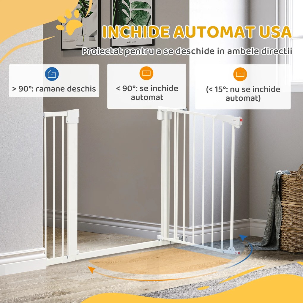 PawHut Poartă pentru Câini de Talie Mică și Medie cu Dublă Încuietoare și Închidere Automată, 76-103x4.2x77 cm, Alb | Aosom Romania