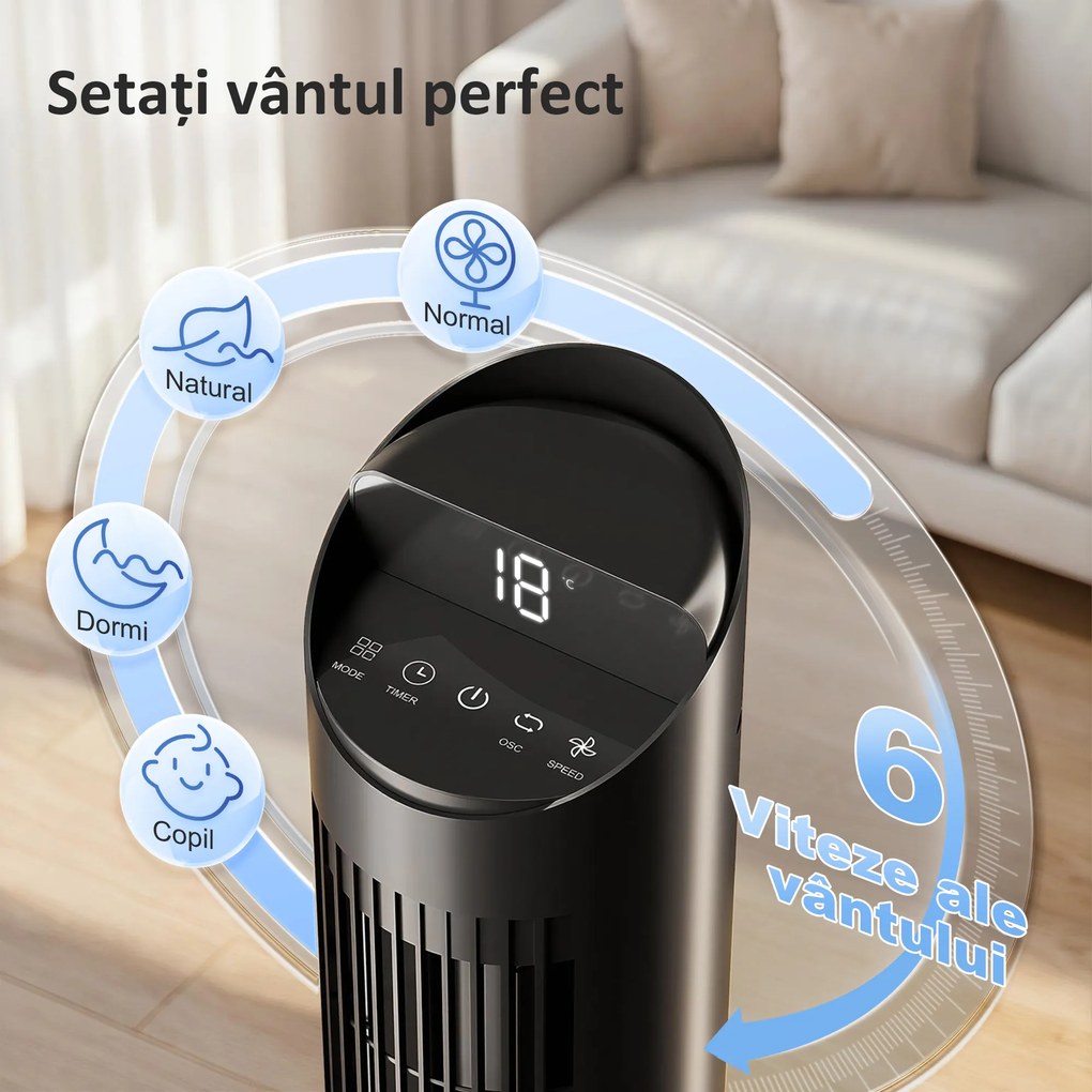 HOMCOM Ventilator de Coloană 116 cm, ventilator WiFi cu aplicație de control, dormitor, culoare neagră | Aosom Romania