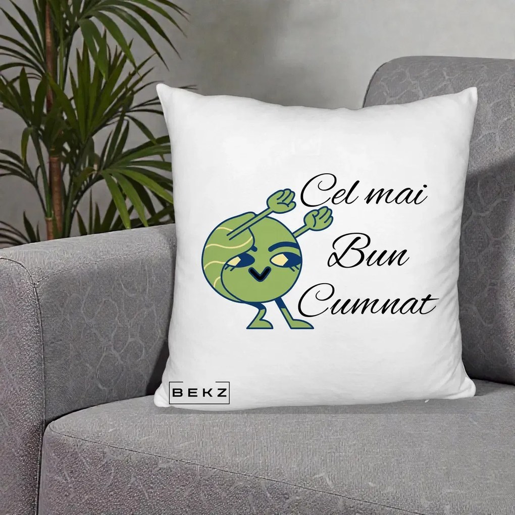 Cadou pentru Cumnat - Perna Personalizata Cel mai Bun Cumnat cu Personaj Funny Verde, 40x40 cm, Alb Pufos, Husa Detasabila, Perna Inclusa, BEKZ®