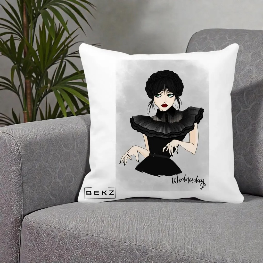 Perna Personalizata Wednesday Addams Portret Gotic, 40x40 cm, Alba Mata, Husa Detasabila, Perna Inclusa, BEKZ®