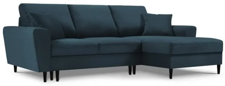 Coltar extensibil Moghan, colt pe partea dreapta cu tapiterie din catifea reiata si picioare din lemn negru, albastru inchis