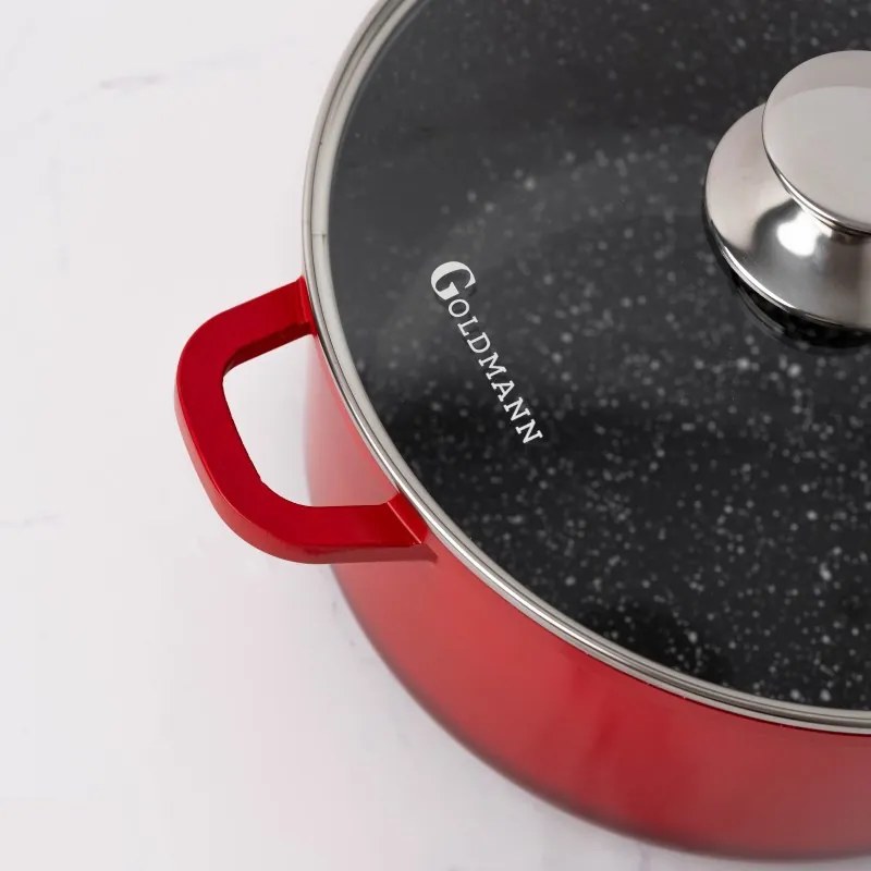 Oala Goldmann GM-7320R, 2.3 l, 20 cm, Acoperire neaderenta din marmura, Capac sticla, Inductie, Rosu