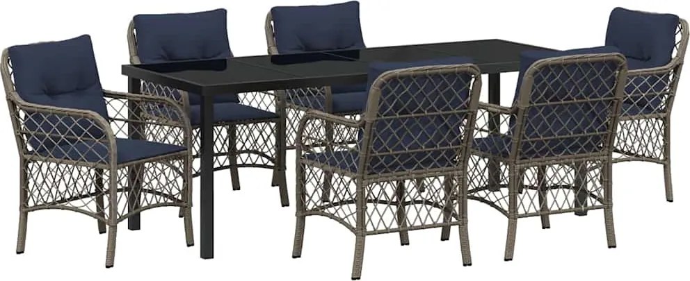 vidaXL Set de masă pentru grădină cu pernă 7 pcs Gri și negru Ratan