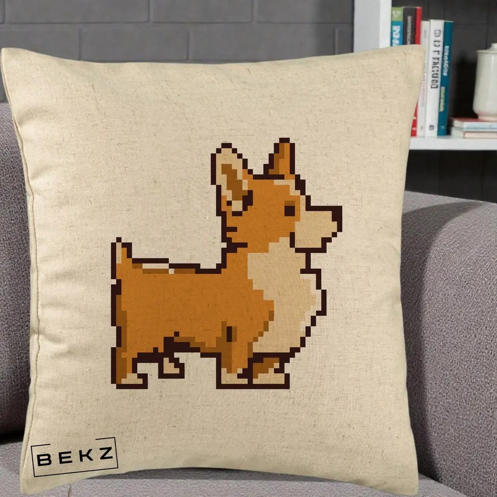Perna Personalizata Corgi Pixel Art, 40x40 cm, Bej, Husa Detasabila, Perna Inclusa, BEKZ®