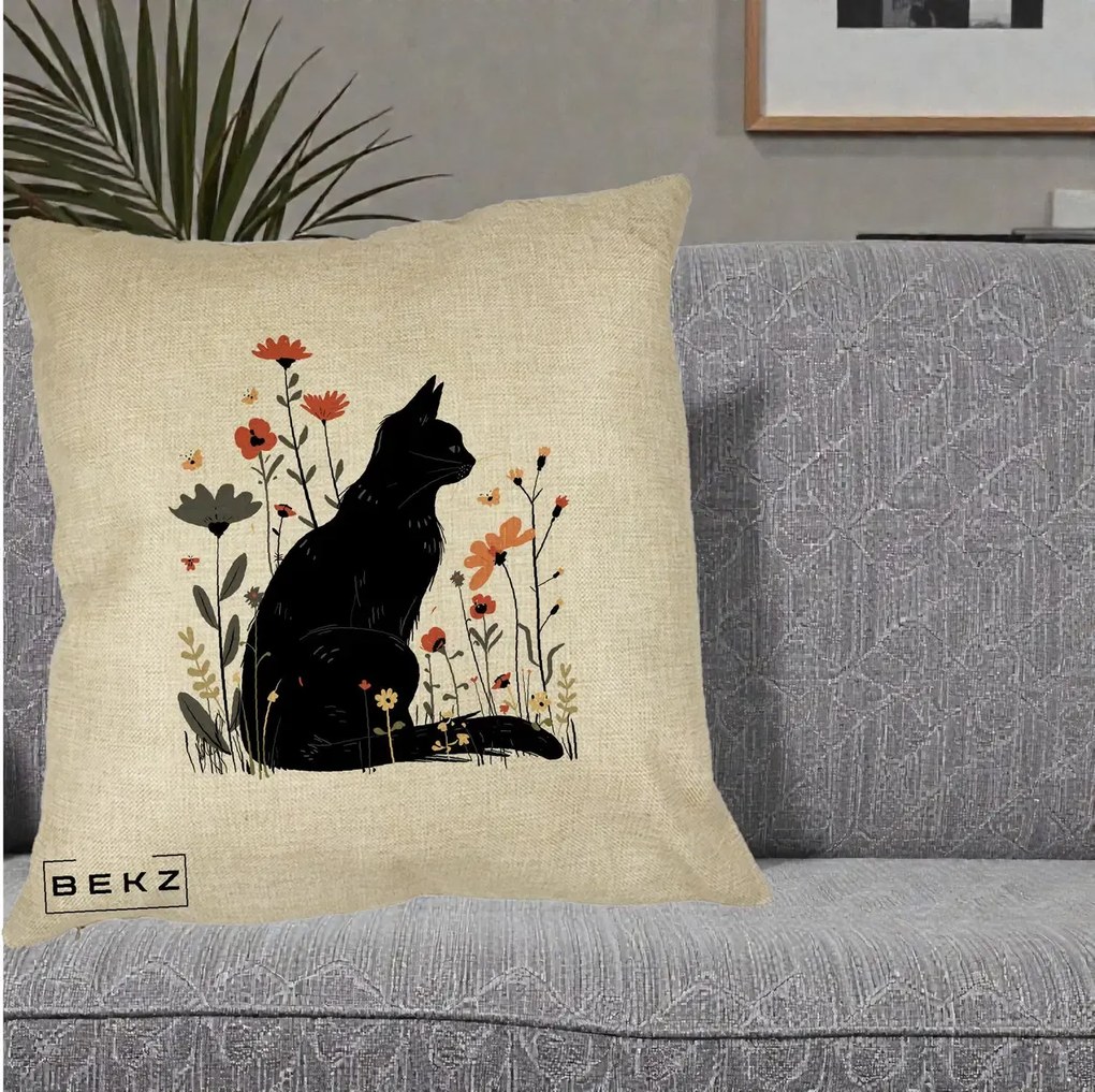 Perna Decorativa Pisica Neagra Profil Flori Portocalii, 40x40 cm, Crem, Husa Detasabila, Perna Inclusa, BEKZ®