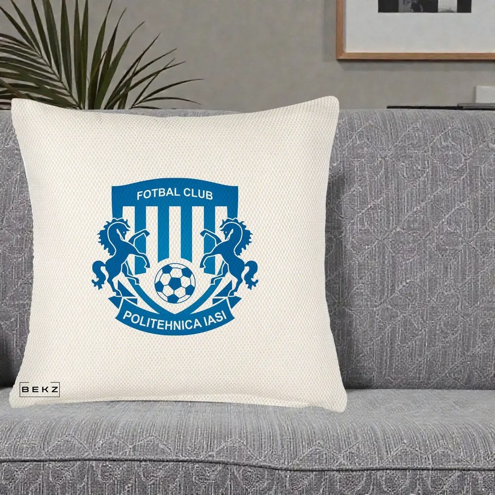 Perna Personalizata FC Politehnica Iasi Fotbal, 40x40 cm, Crem Reliefat, Husa Detasabila, Perna Inclusa, BEKZ®