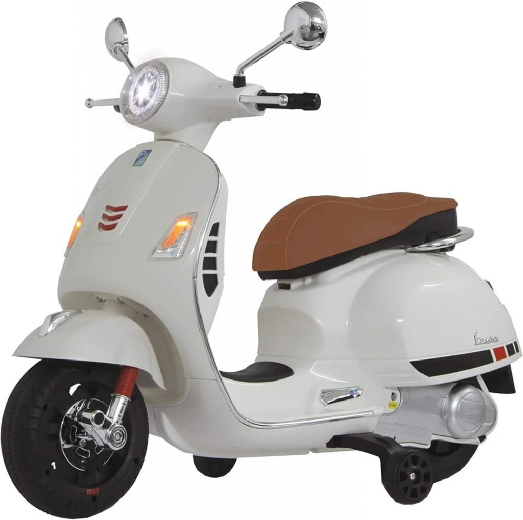 Motocicleta Electrica cu Acumulator Pentru Copii NOVOKIDS™ Vespa Classic Scooter, Pornire la cheie, Lungime 102 cm, 3-8 ani, Max 30 kg, Alb