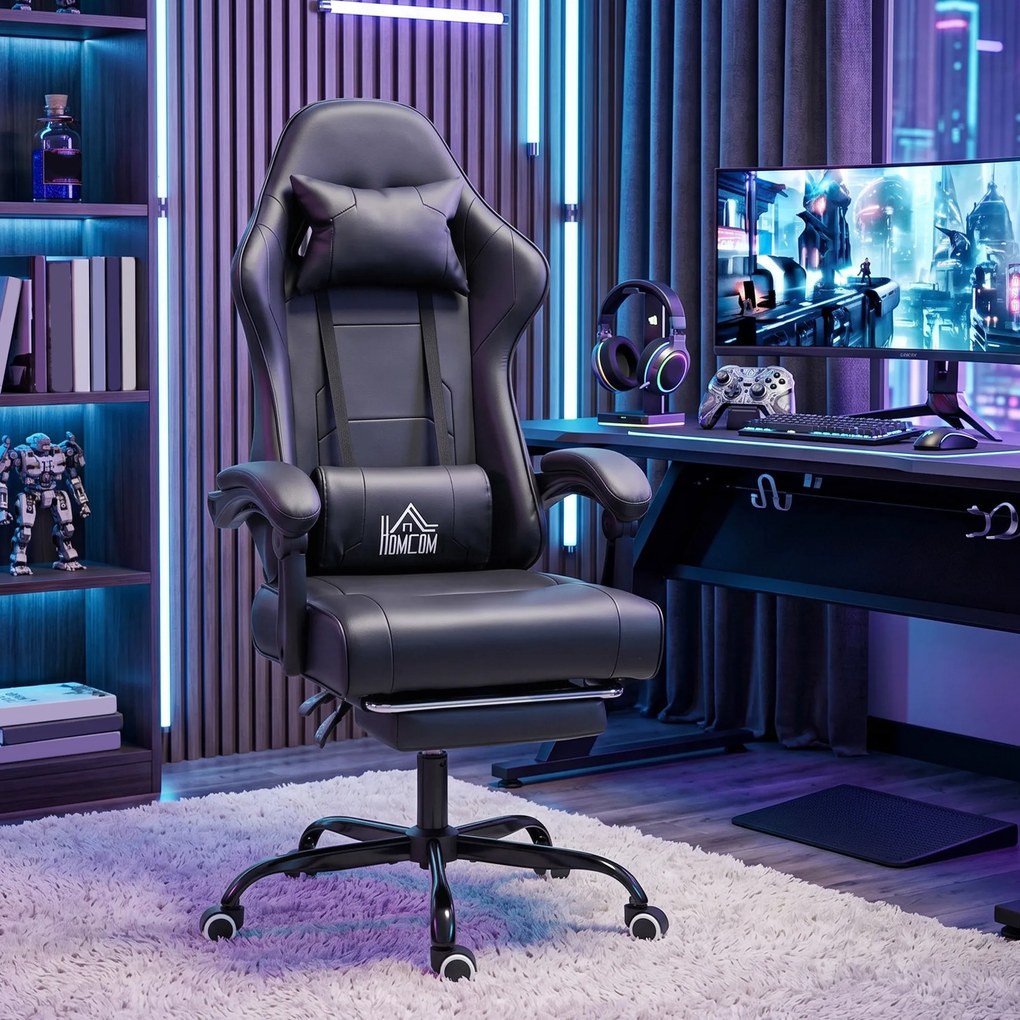 HOMCOM Scaun de gaming ergonomic, fotoliu gamer cu suport lombar masaj, spătar înclinat, înălțime reglabilă, negru | Aosom Romania