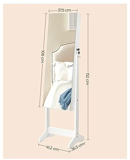Dulap pentru depozitare bijuterii si oglinda, Songmics, UJJC002W01, Plastic