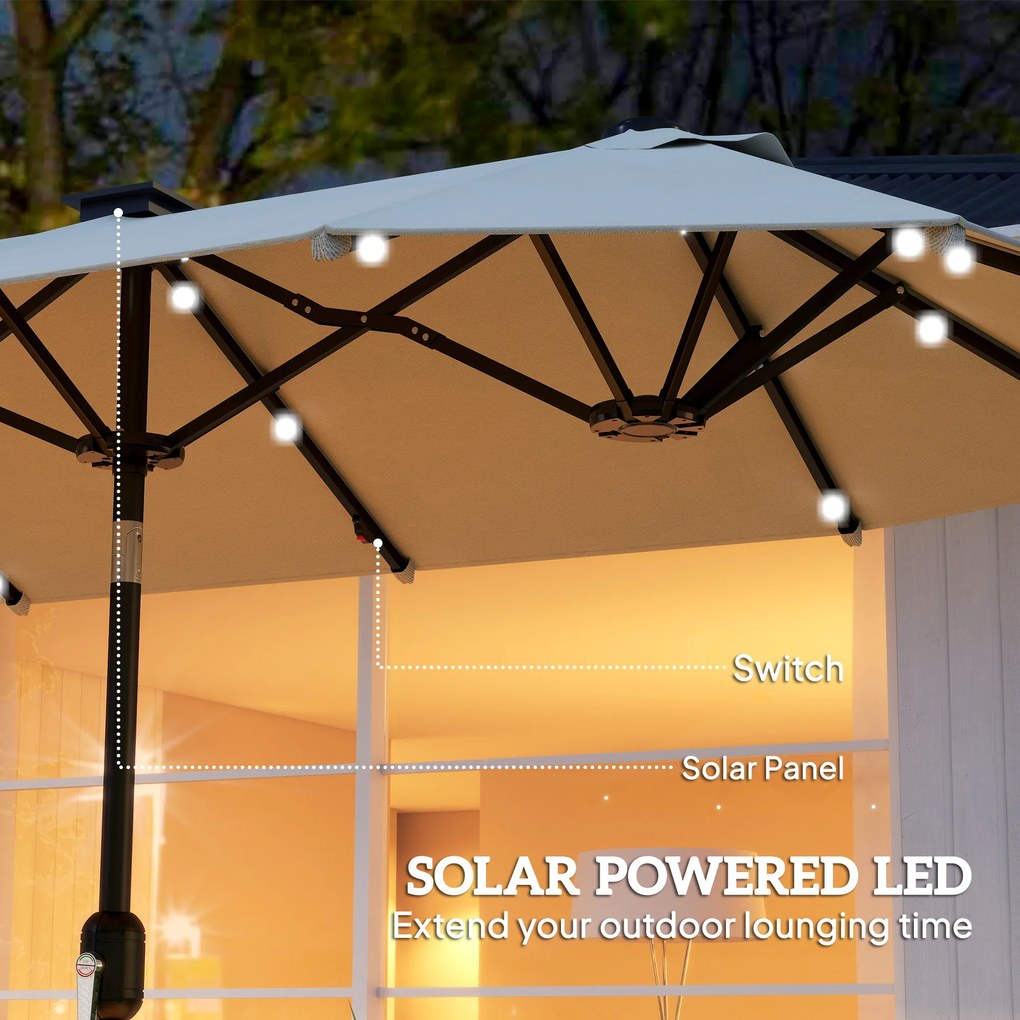 Outsunny Umbrelă dublă, umbrelă terasă, înclinabilă, cu panou solar, 35 LED-uri, cadru din oțel, bej, 2,92 x 1,50 x 2,18 m | Aosom Romania