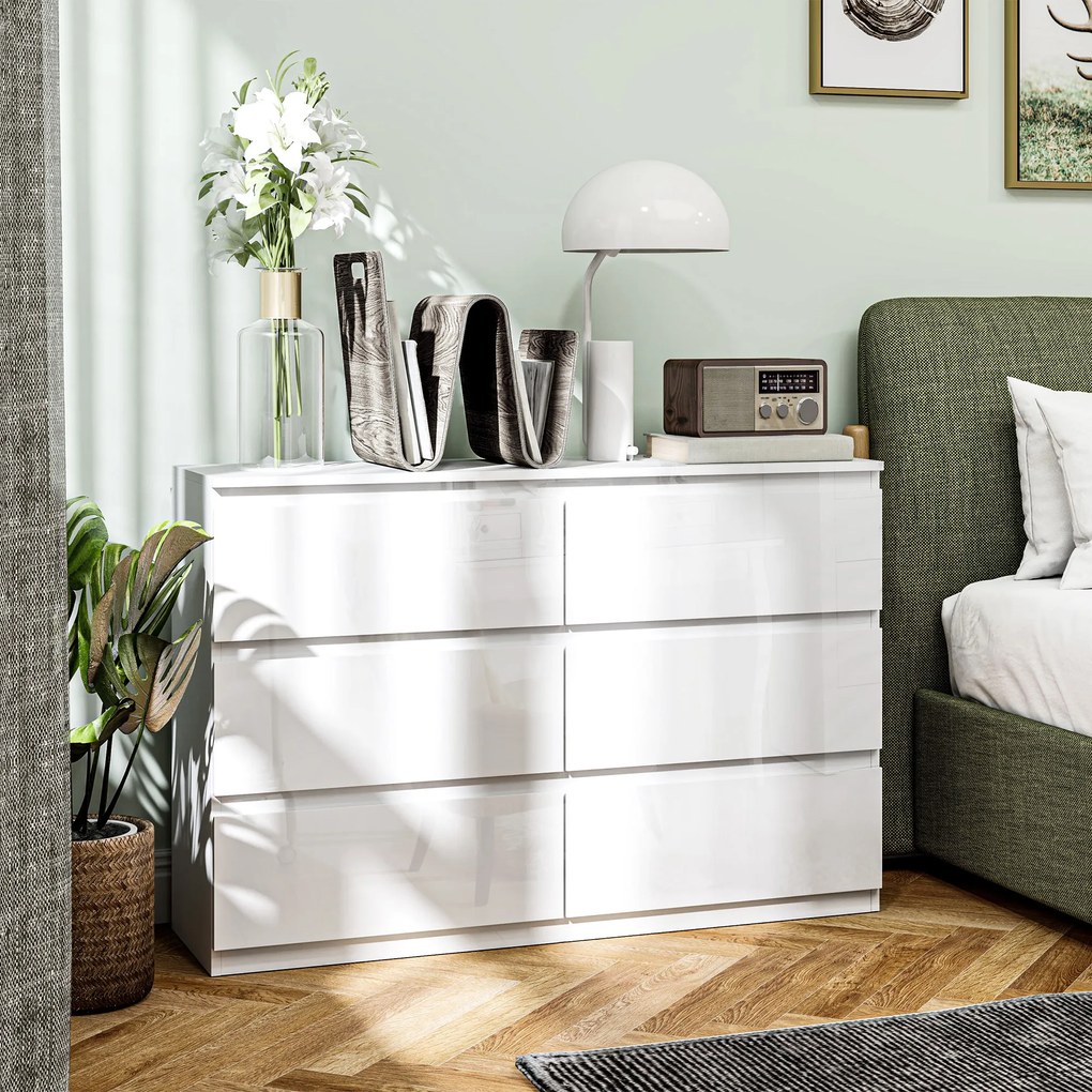 HOMCOM Comodă pentru Dormitor cu 6 Sertare Comodă pentru Salon Birou Stil Modern 112x34x75 cm Alb lucios | Aosom Romania