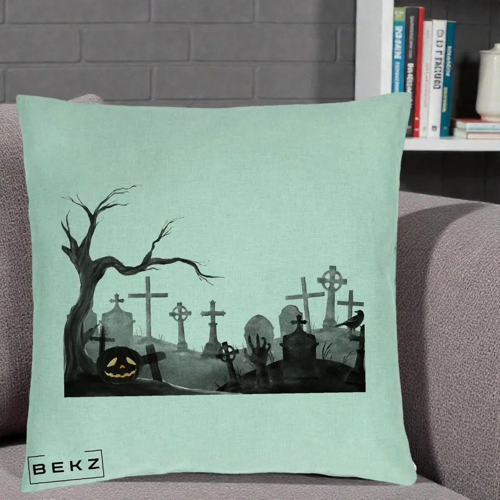 Perna Decorativa Halloween Cimitir Acuarela cu Dovleac, 40x40 cm, Verde Menta, Husa Detasabila, Perna Inclusa, BEKZ®