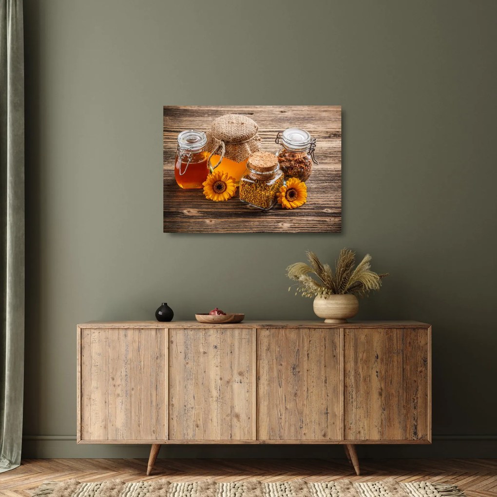 Tablou pe sticlă - Natura morta cu borcane de miere (70x50 cm)