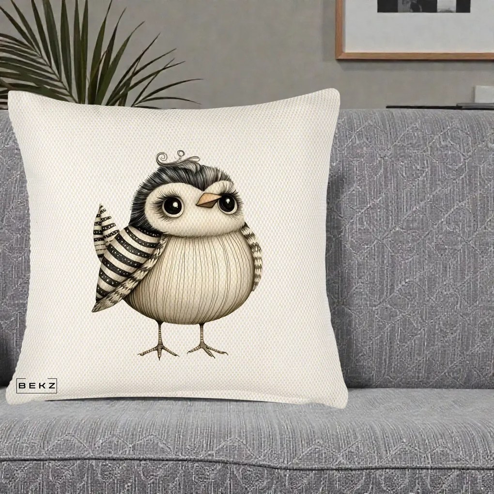 Perna Decorativa Pui Elegant Alb-Negru, 40x40 cm, Crem Reliefat, Husa Detasabila, Perna Inclusa, BEKZ®