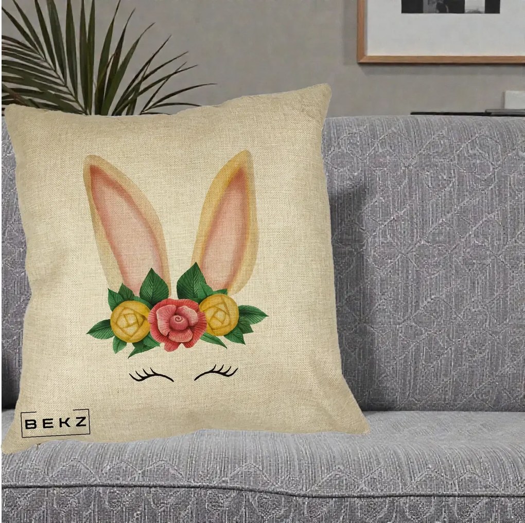Perna Decorativa Iepuras Flori Urechi Pastelui, 40x40 cm, Crem, Husa Detasabila, Perna Inclusa, BEKZ®