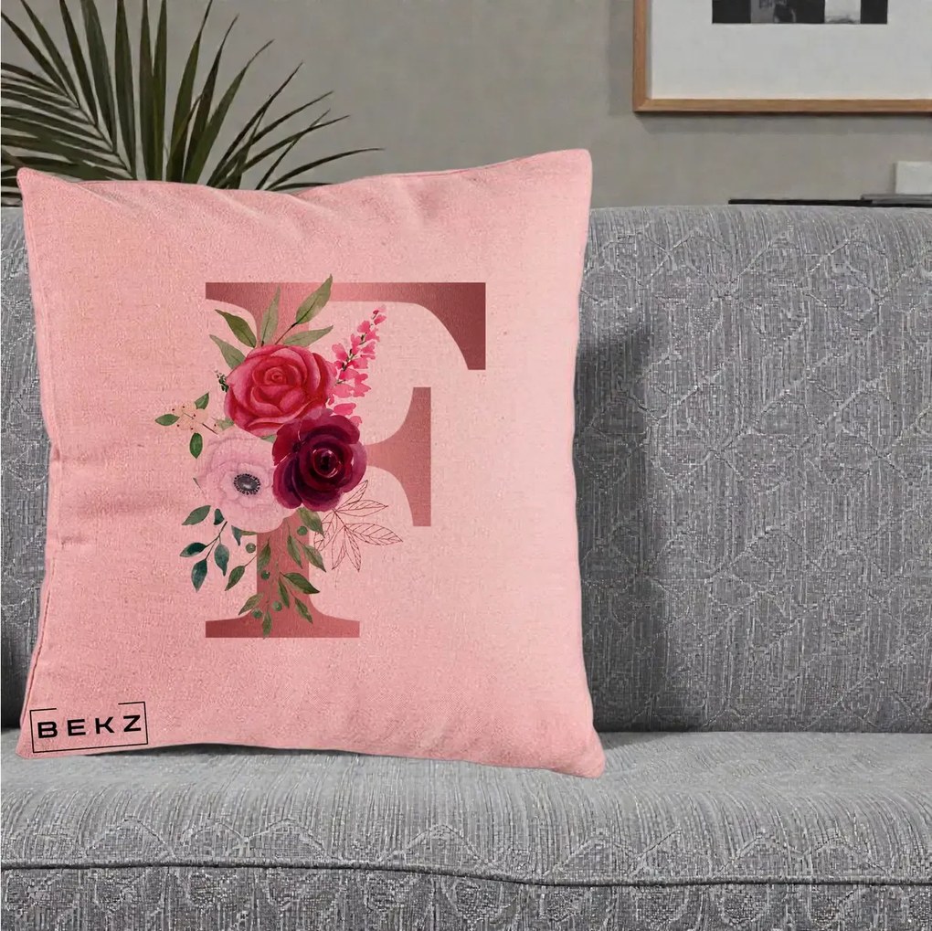 Cadou Personalizat - Perna Personalizata Monograma Rose Gold Litera F, 40x40 cm, Roz, Husa Detasabila, Perna Inclusa, BEKZ®