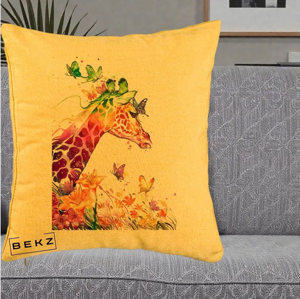 Perna Decorativa Girafa Curcubeu Acuarela, 40x40 cm, Galben, Husa Detasabila, Perna Inclusa, BEKZ®