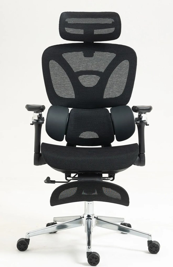 METACHAIR DORO VENT Scaun ergonomic, sezut cu ventilatie, suport lombar dinamic, spătar reglabil înălțime, cotiere 6D, tetieră 2D, suport picioare, mecanism multifunctional inclinare/blocare, pivotant, Mesh, Negru