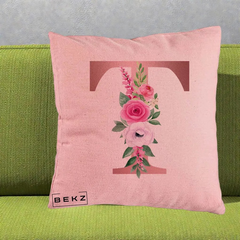 Cadou Personalizat - Perna Personalizata Monograma Rose Gold Litera T, 40x40 cm, Roz, Husa Detasabila, Perna Inclusa, BEKZ®