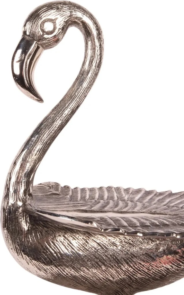 Etajeră pentru prăjituri și fructe din aluminiu reciclat, argintie, cu 3 niveluri, flamingo decorativ, finisaj lucios, 65 x 34 x 24 cm, „Camargue”