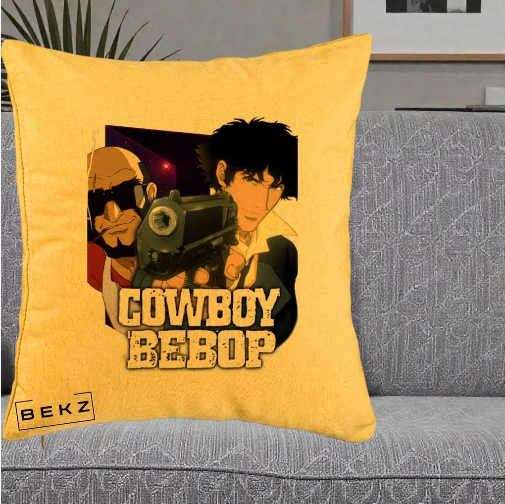 Perna Personalizata Cowboy Bebop Spike si Jet Poster, 40x40 cm, Galben, Husa Detasabila, Perna Inclusa, BEKZ®
