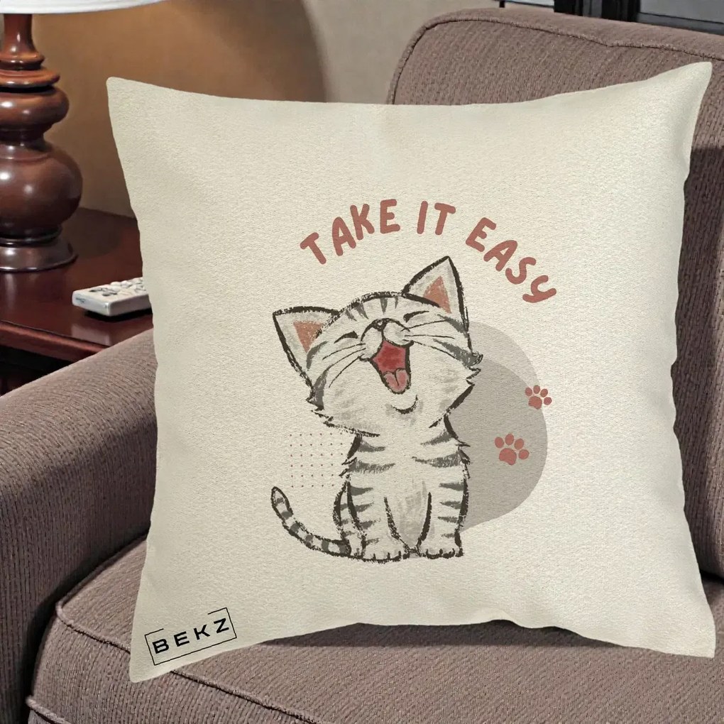 Perna Personalizata Take It Easy Cat, 40x40 cm, Ecru, Husa Detasabila, Perna Inclusa, BEKZ®