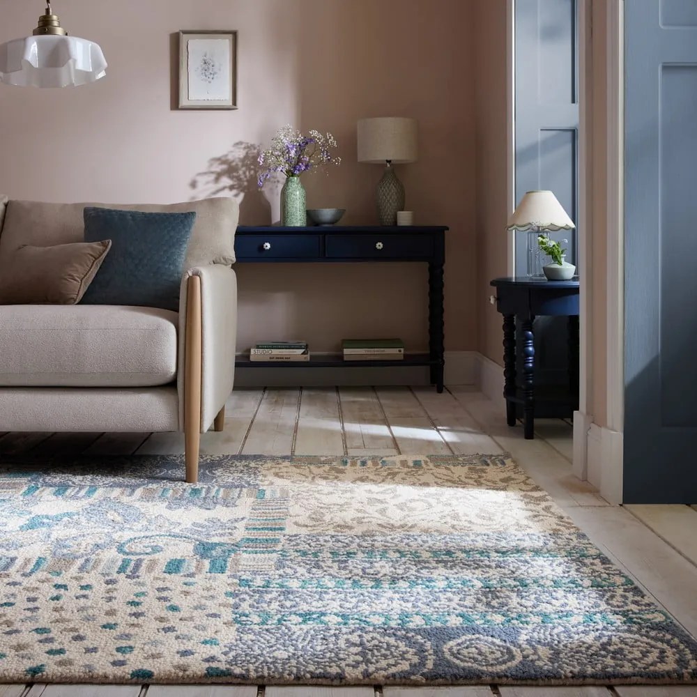 Covor albastru-bej țesut manual din lână 120x170 cm Eloise Patchwork – Flair Rugs