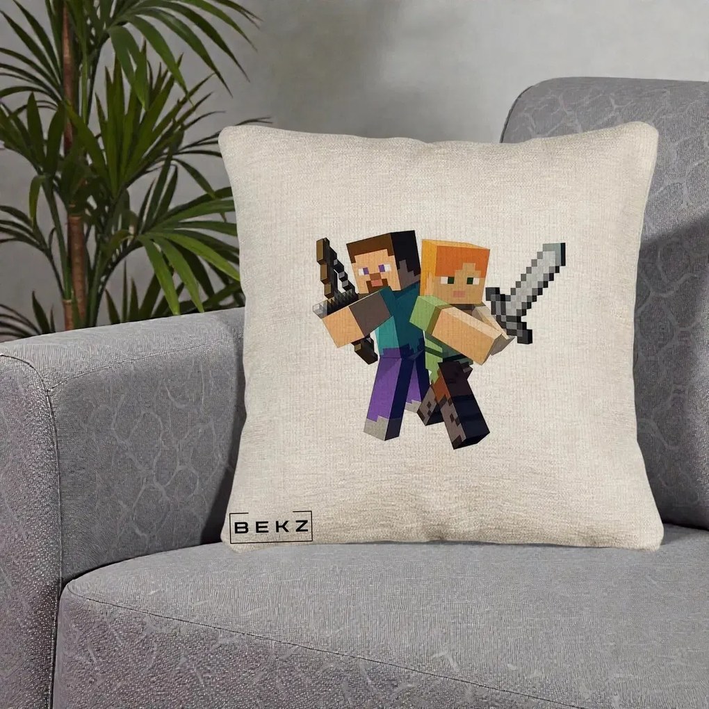 Perna Personalizata Minecraft Steve si Alex, 40x40 cm, Bej Canapea, Husa Detasabila, Perna Inclusa, BEKZ®
